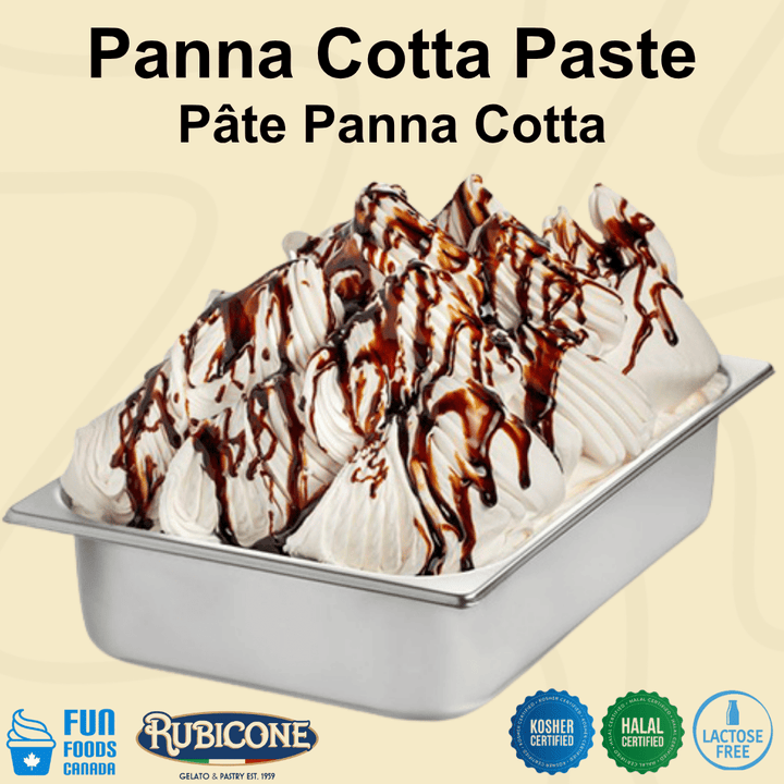 Panna Cotta ice cream gelato in a wide stainless steel gelato pan with Fun Foods Canada and Rubicone brand logos and certification badges: Kosher certified, Halal Certified, and lactose-free. 