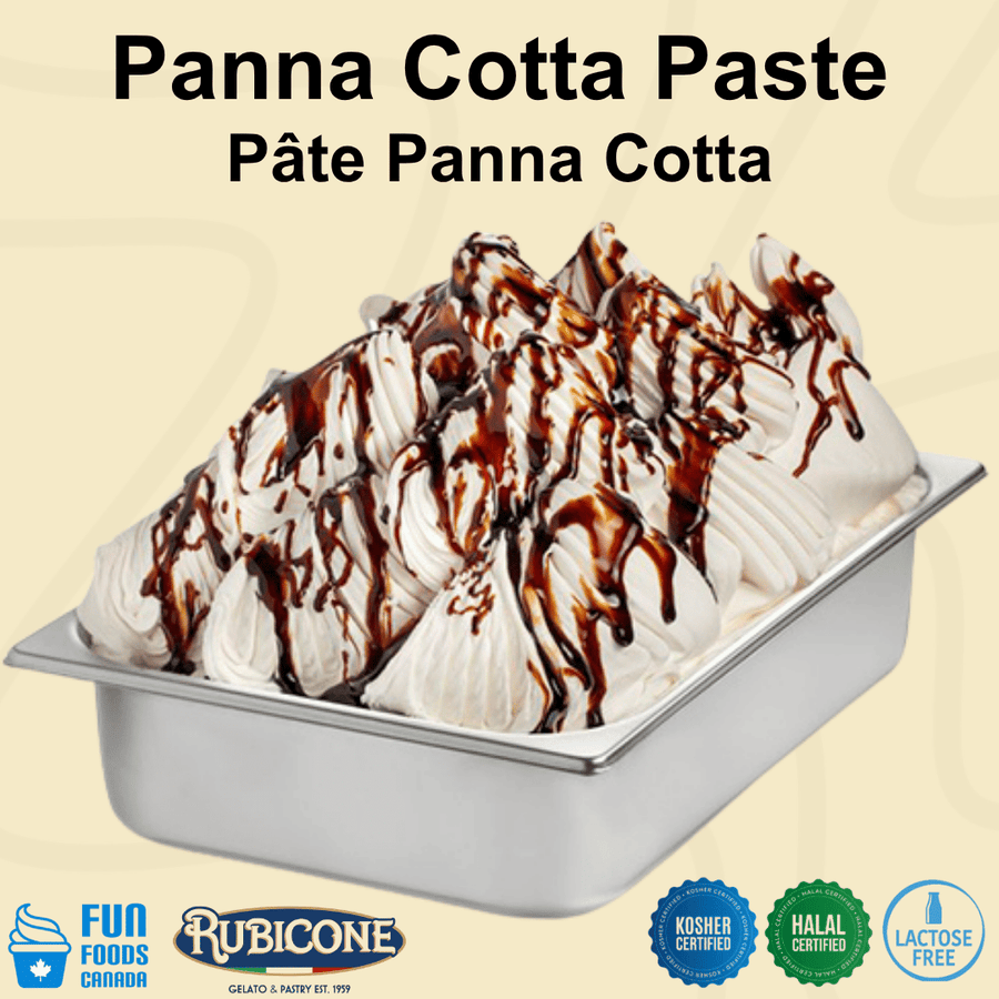 Panna Cotta ice cream gelato in a wide stainless steel gelato pan with Fun Foods Canada and Rubicone brand logos and certification badges: Kosher certified, Halal Certified, and lactose-free. 