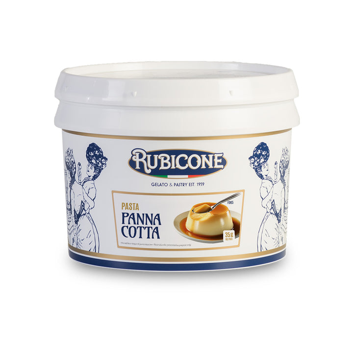 3 KG bucket of Rubicone Panna Cotta classic gelato paste on a white background