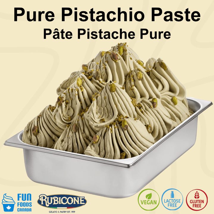 Pure Pistachio gelato in a pan garnished with pistachio grain on a light beige background featuring Rubicone and Fun Foods Canada brand logos and certification badges: Vegan, Lactose-free, and gluten-free. 