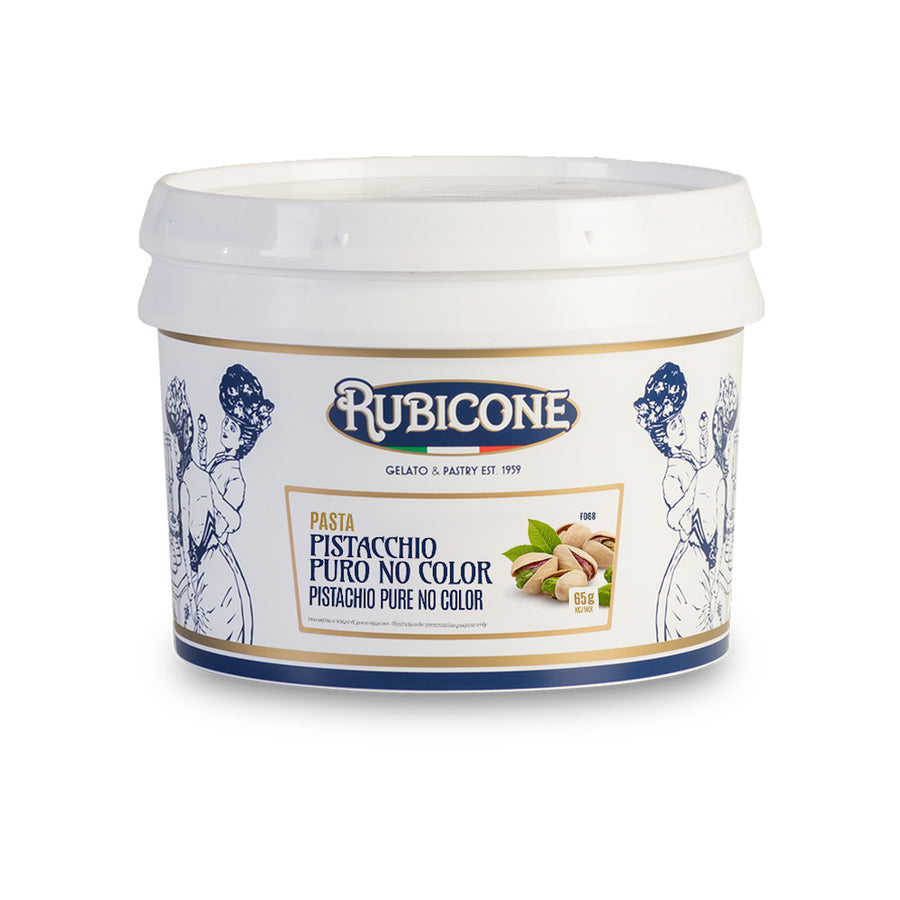 3 KG bucket of Rubicone pistachio pure no color classic gelato paste on a white background