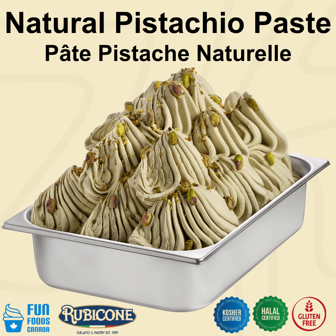 Pistachio ice cream in a wide stainless steel gelato pan with Fun Foods Canada and Rubicone brand logos and certification badges: Kosher Certified, Halal Certified, and gluten-free. 