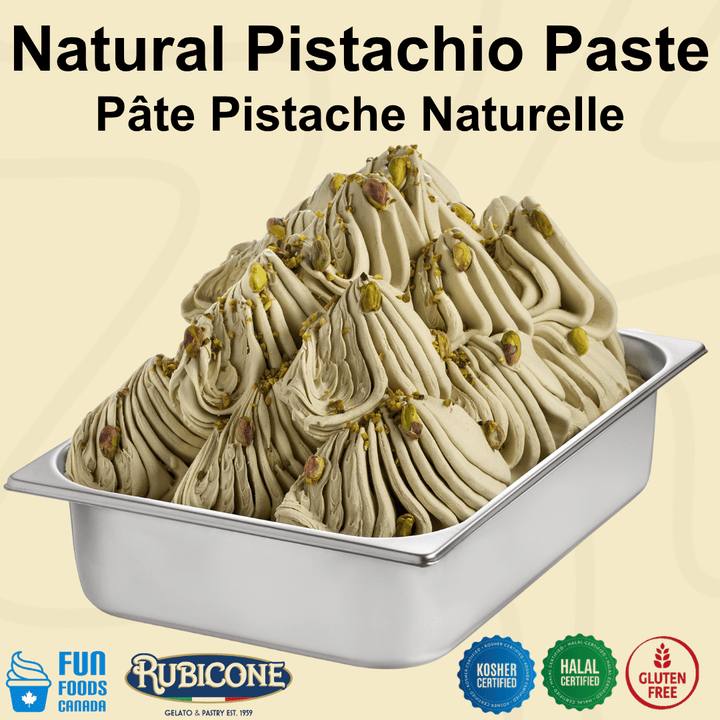 Pistachio ice cream in a wide stainless steel gelato pan with Fun Foods Canada and Rubicone brand logos and certification badges: Kosher Certified, Halal Certified, and gluten-free. 