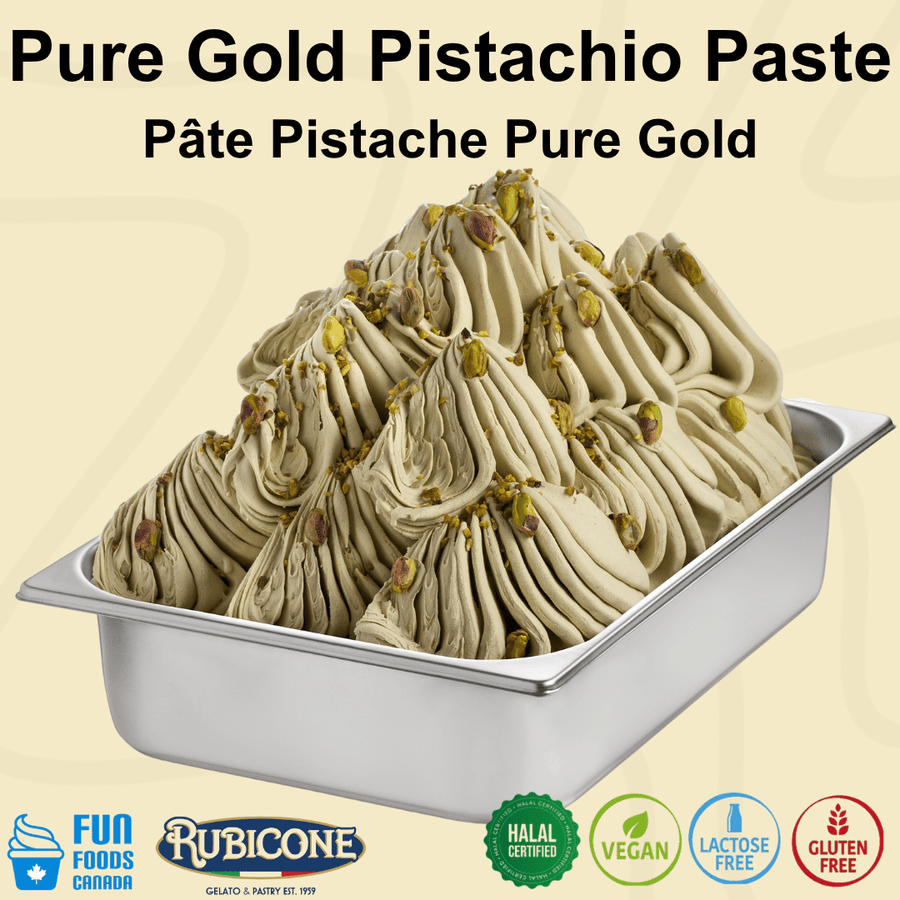 Pistachio gelato in a pan garnished with pistachio grains on a light beige background featuring Rubicone and Fun Foods Canada brand logos and certification badges: Halal Certified, Vegan, Lactose-free, and Gluten-free. 