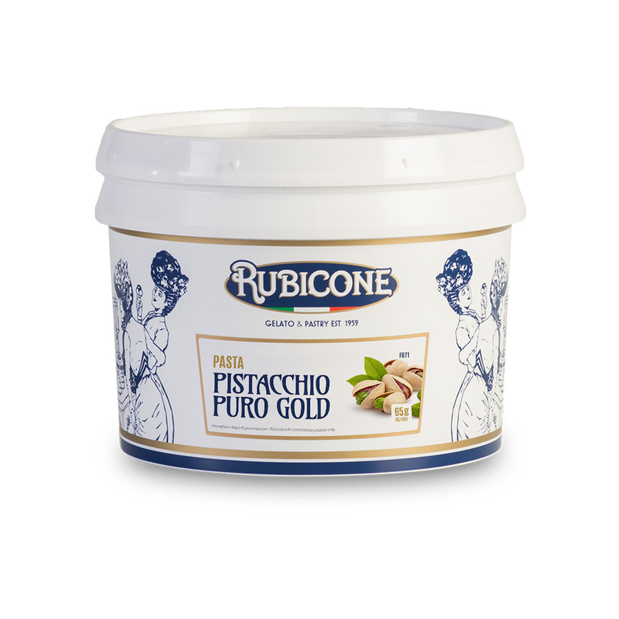 3 KG bucket of Rubicone Pure Pistachio Gold classic gelato paste on a white background