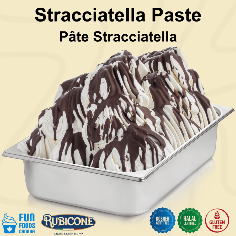 A wide stainless steel gelato pan filled with vanilla gelato and topped with Rubicone Straciatella chocolate chips topping on a light beige background with Rubicone and Fun Foods Canada branding. Certification badges can also be seen along the bottom reading: Kosher Certified, Halal Certified, and Gluten-free
