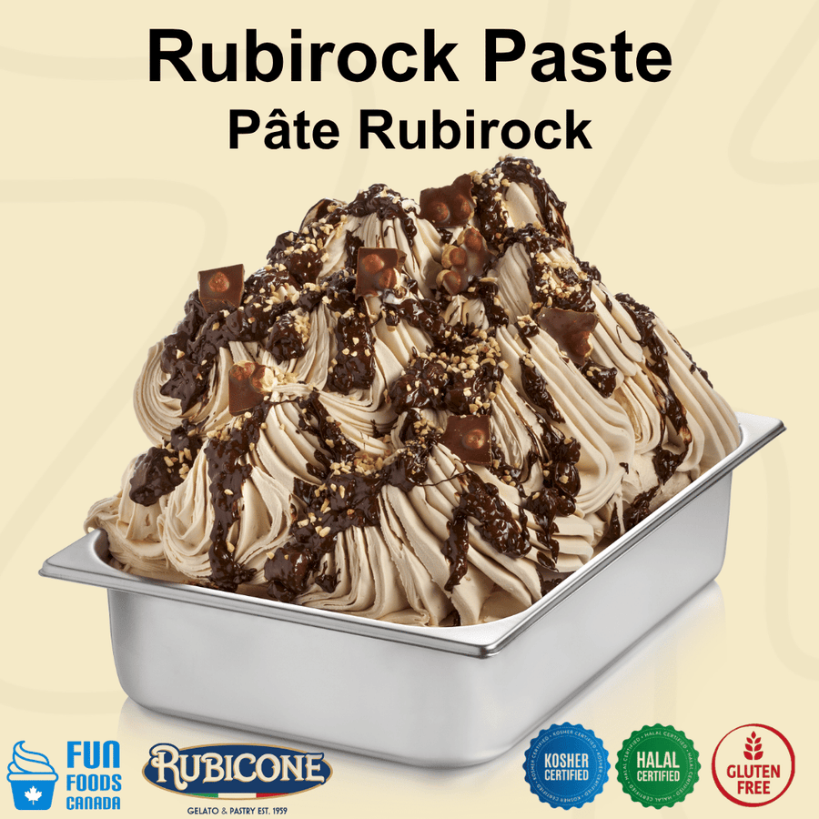 Rubirock ice cream in a wide gelato pan with Fun Foods Canada and Rubicone brand logos and dietary badges: kosher certified, halal certified, and gluten-free. 