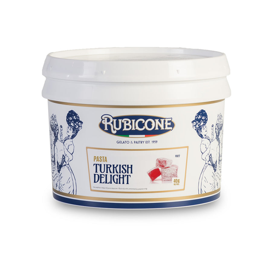 3 KG bucket of Rubicone Turkish Delight classic gelato paste on a white background - Canadian distributor of Rubicone gelato and pastry products