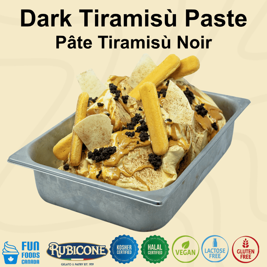 Rubicone Dark Tiramisù Paste for authentic Italian gelato, shown as creamy tiramisu gelato with ladyfinger biscuits and cocoa topping.
