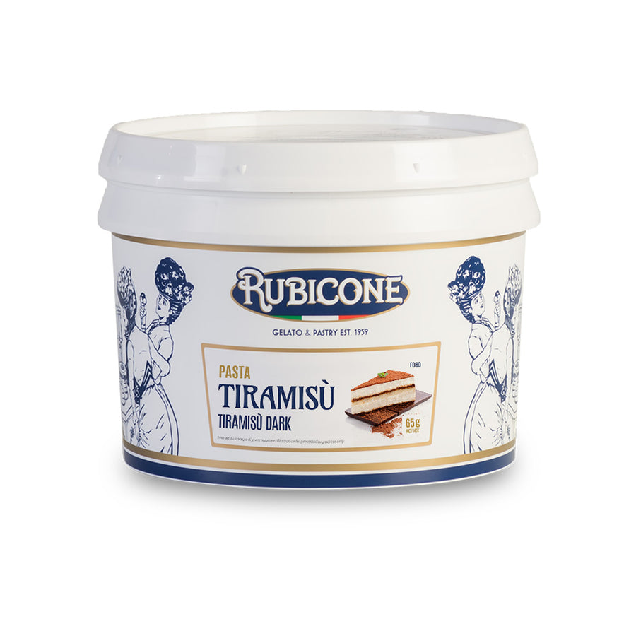 3 KG bucket of Rubicone Tiramisu Dark classic gelato paste on a white background
