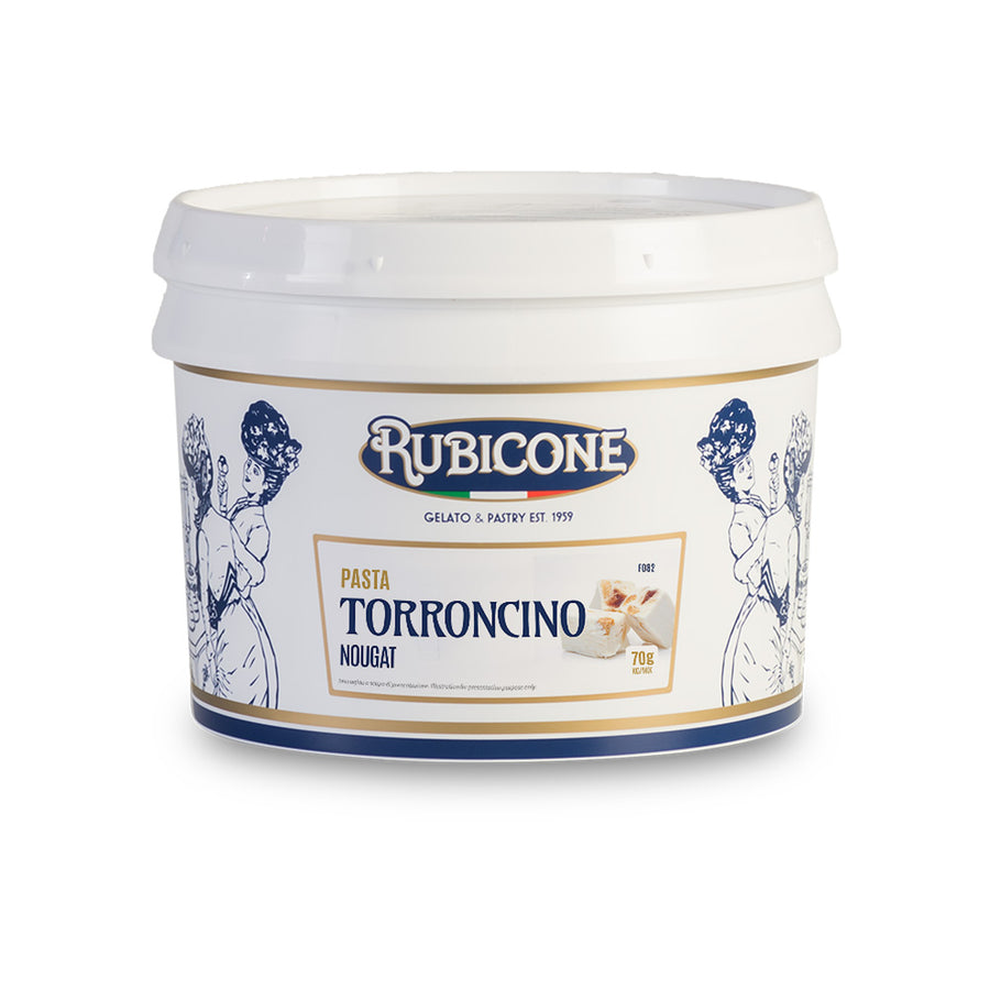4 KG bucket of Rubicone Nougat (Torroncino) classic gelato paste on a white background