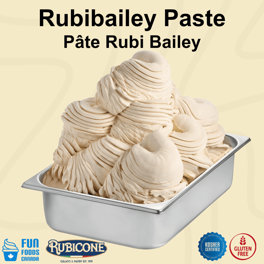 Rubibailey whiskey flavoured ice cream in a wide gelato pan featuring Fun Foods Canada and Rubicone brand logos and dietary badges: Kosher and gluten-free. 