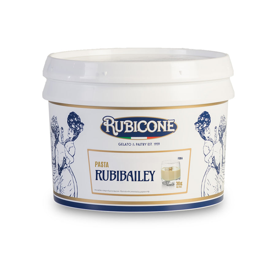 3 KG bucket of Rubicone Rubibailey (whiskey) classic gelato paste on a white background