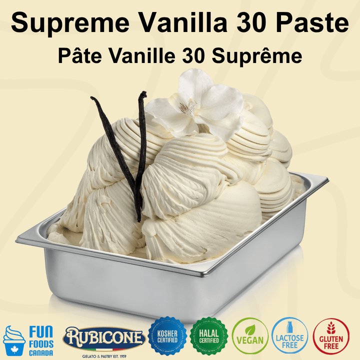 Rubicone Vanilla 30 Suprem Paste for authentic Italian gelato, shown as rich, creamy vanilla gelato with premium vanilla bean in a display pan.
