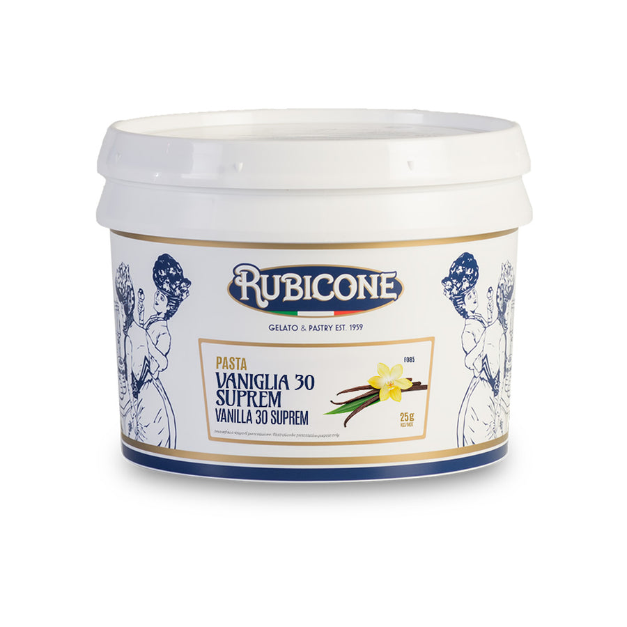 3 KG bucket of Rubicone Vanilla 30 Supreme classic gelato paste on a white background