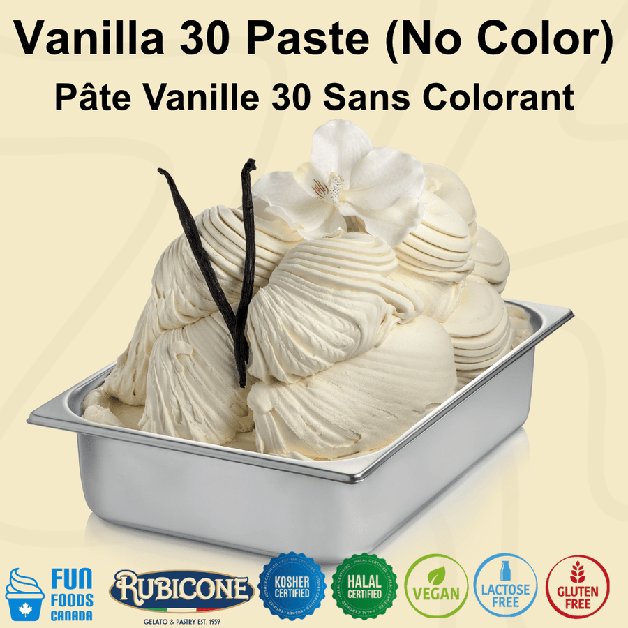 Rubicone Vanilla 30 No Color Paste for authentic Italian gelato, shown as creamy natural vanilla gelato with real vanilla bean in a display pan.