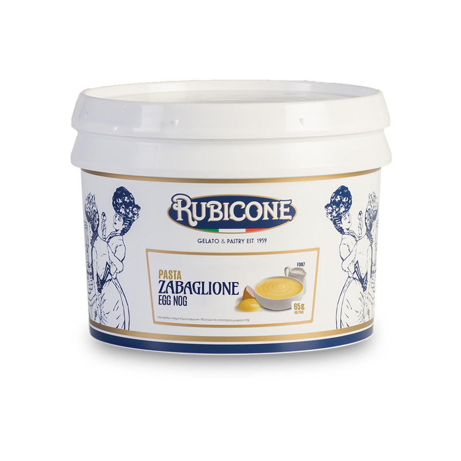 3 KG bucket of Rubicone Egg Nog (Zabaglione) classic gelato paste on a white background