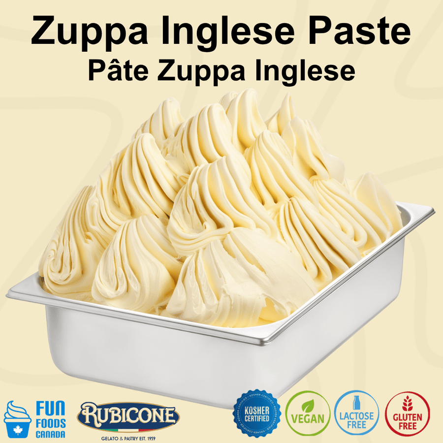 Rubicone Trifle (Zuppa Inglese) Paste for authentic Italian gelato, shown as creamy trifle gelato with sponge cake, custard, and cocoa in a display pan.