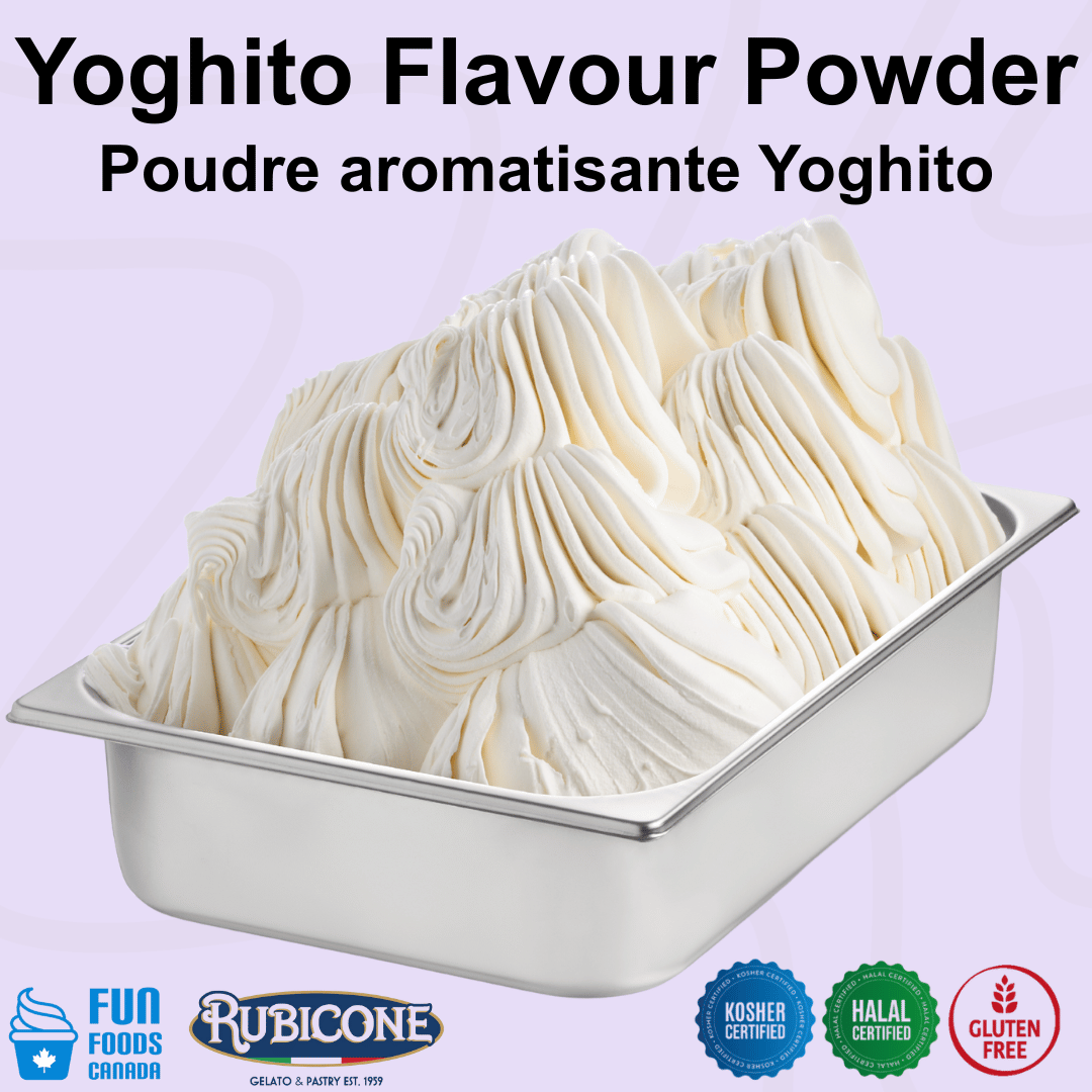 Rubicone Yoghito Plus Flavour Powder for authentic Italian gelato, shown as smooth, creamy yogurt gelato with a bright white colour in a display pan. Available in Canada from Fun Foods Canada.