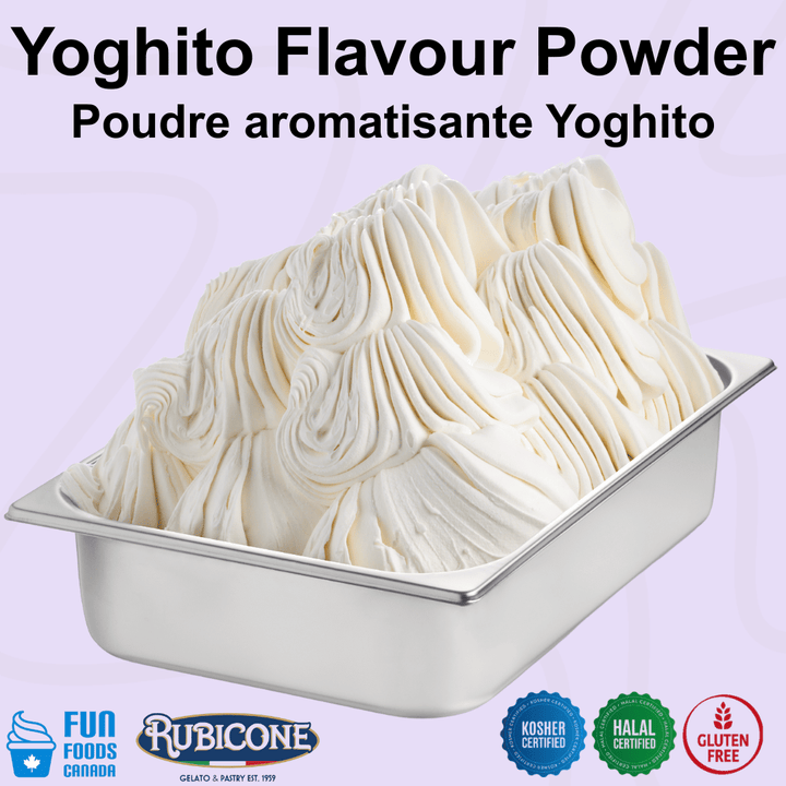 Rubicone Yoghito Plus Flavour Powder for authentic Italian gelato, shown as smooth, creamy yogurt gelato with a bright white colour in a display pan. Available in Canada from Fun Foods Canada.