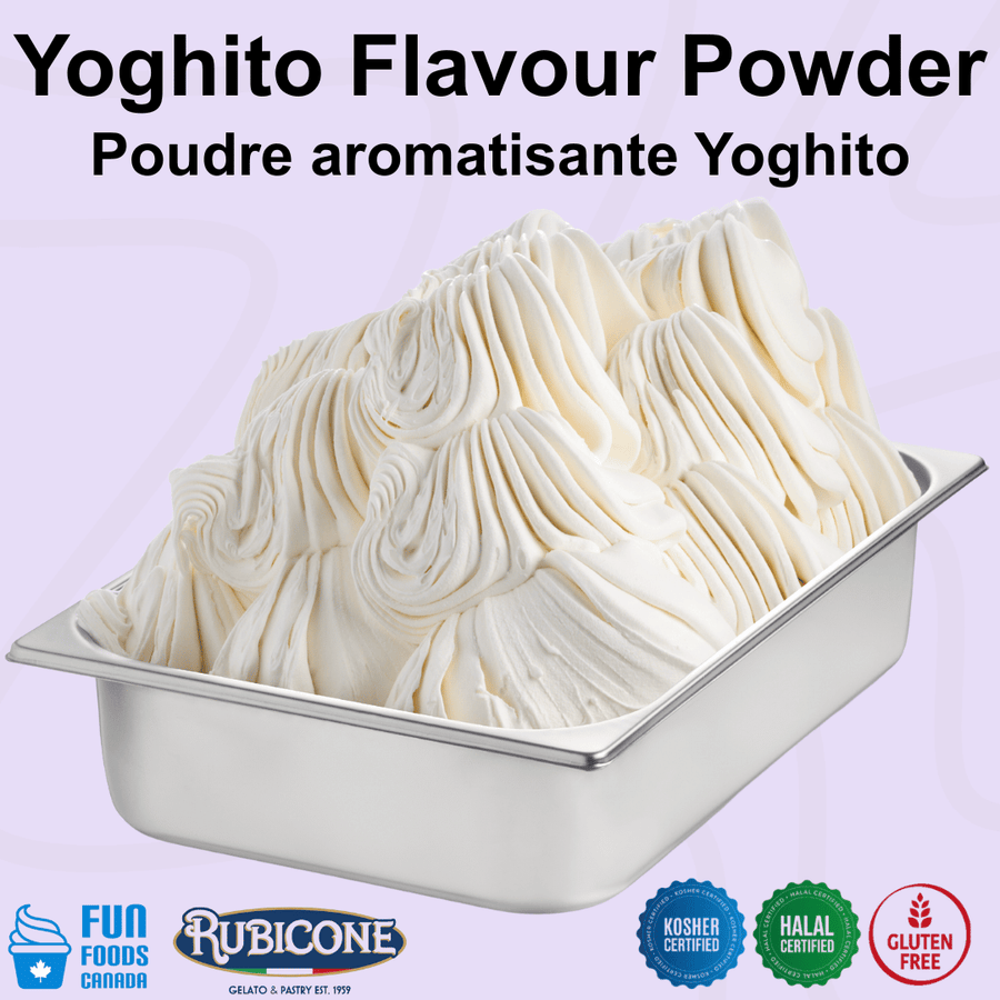 Rubicone Yoghito Plus Flavour Powder for authentic Italian gelato, shown as smooth, creamy yogurt gelato with a bright white colour in a display pan. Available in Canada from Fun Foods Canada.