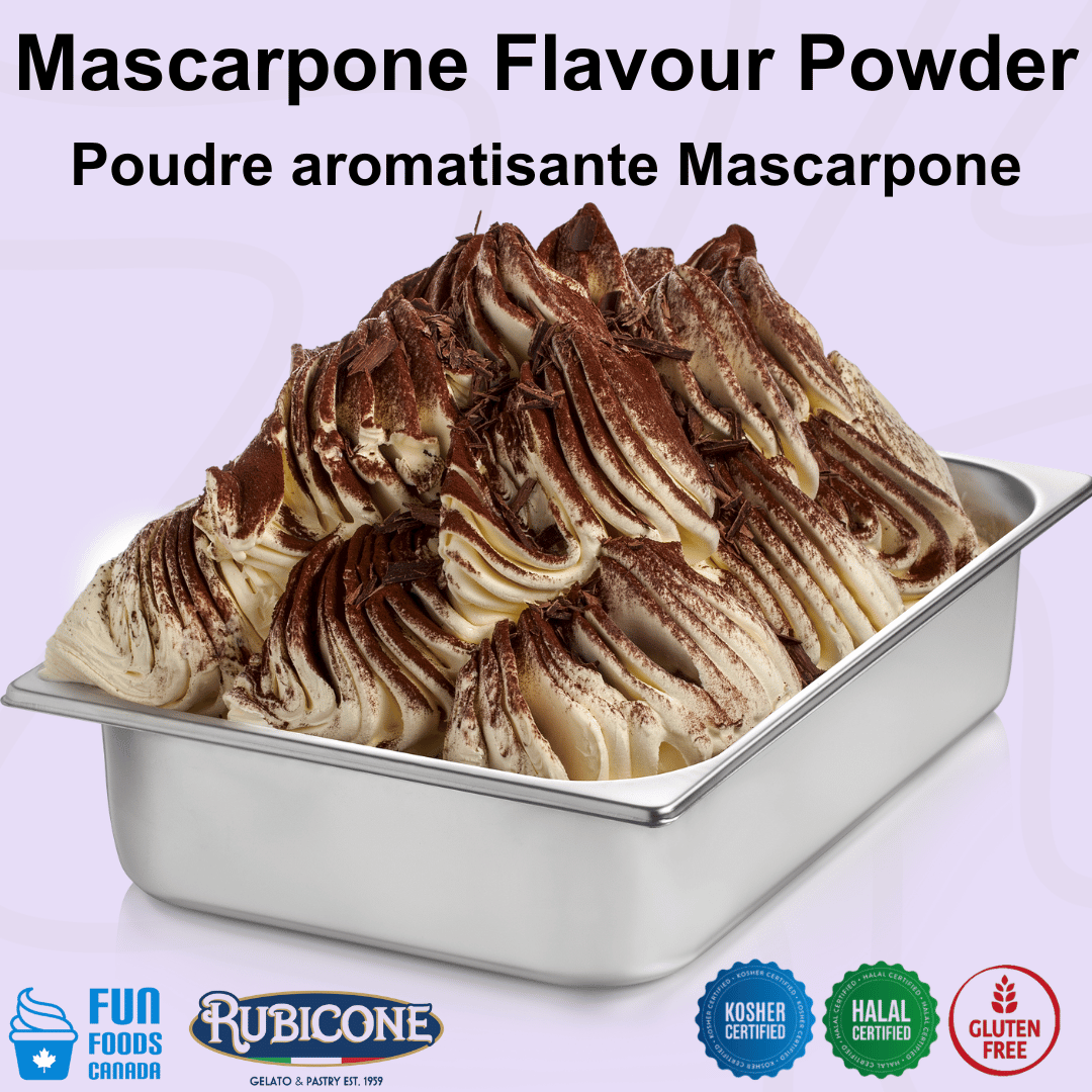 Rubicone Mascarpone Flavour Powder for authentic Italian gelato, shown as smooth, creamy mascarpone gelato dusted with cocoa powder and topped with dark chocolate shavings in a display pan. Available in Canada from Fun Foods Canada.