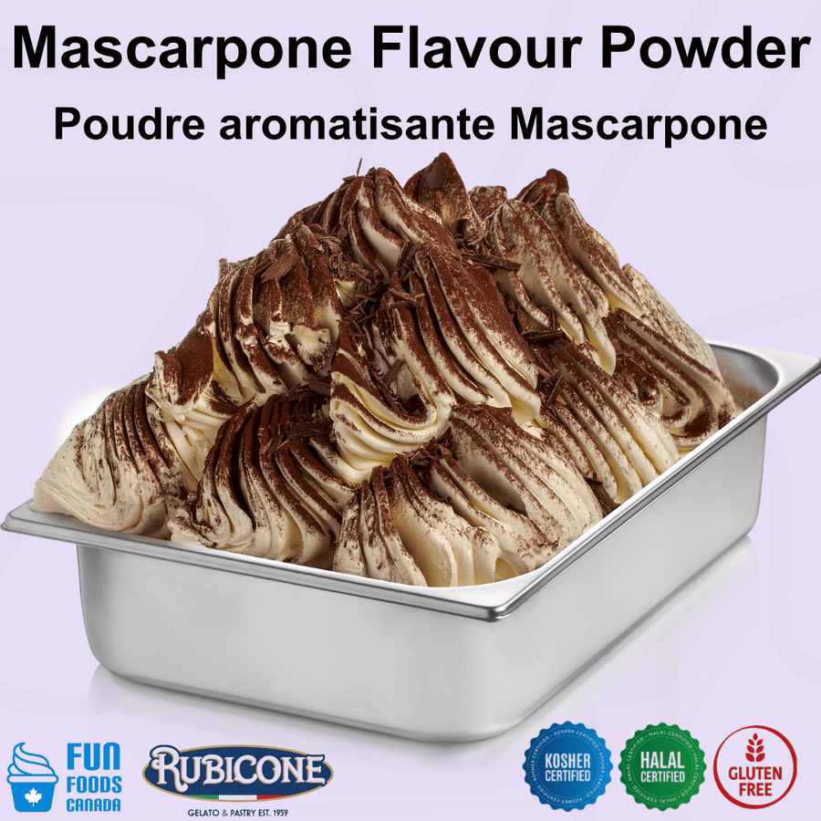 Rubicone Mascarpone Flavour Powder for authentic Italian gelato, shown as smooth, creamy mascarpone gelato dusted with cocoa powder and topped with dark chocolate shavings in a display pan. Available in Canada from Fun Foods Canada.