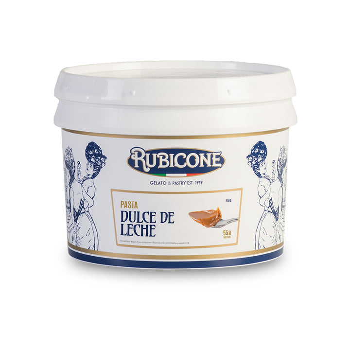 3 KG jar of Rubicone Dulce de Leche classic gelato paste on a white background