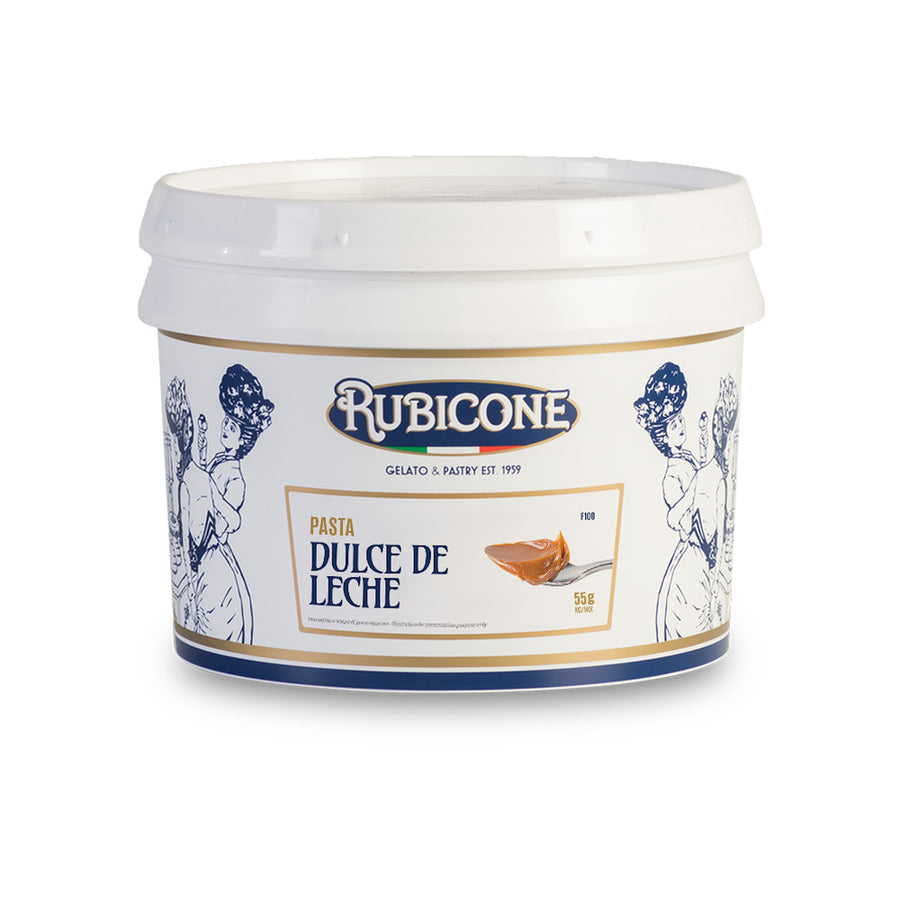 3 KG jar of Rubicone Dulce de Leche classic gelato paste on a white background