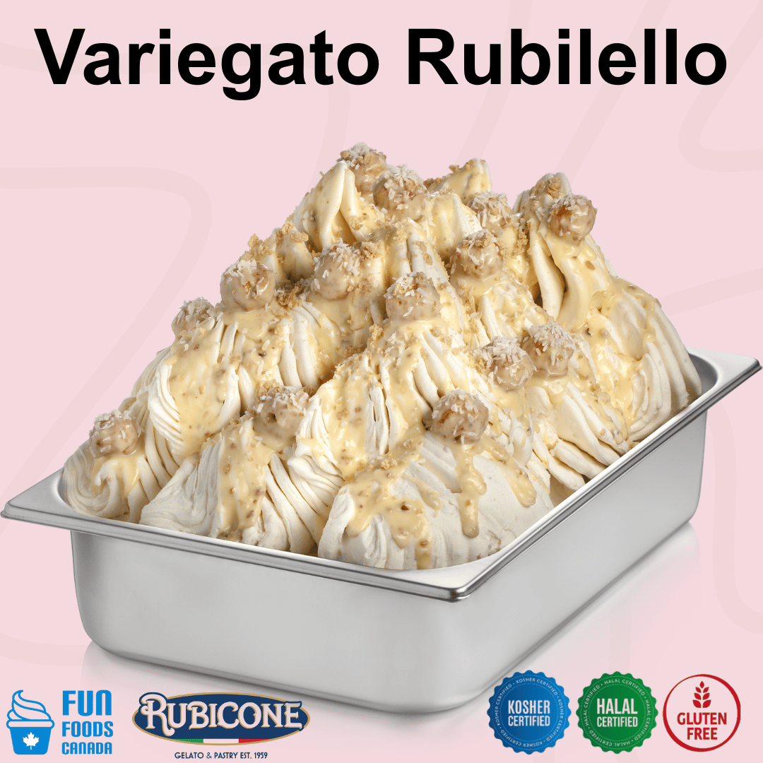 Rubicone Variegato Rubilello gelato variegate featuring creamy white chocolate sauce with crispy coconut-coated hazelnut pieces and crunchy inclusions. Perfect for decorating and flavouring gelato, ice cream, frozen yogurt and desserts.