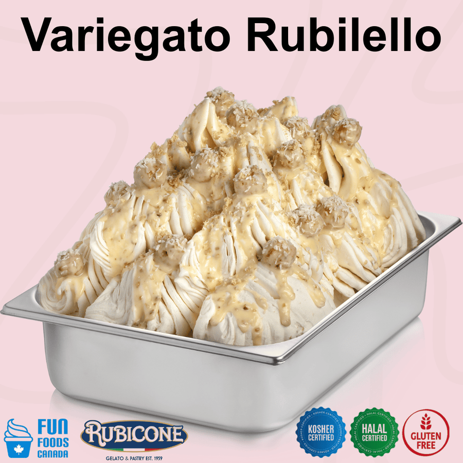 Rubicone Variegato Rubilello gelato variegate featuring creamy white chocolate sauce with crispy coconut-coated hazelnut pieces and crunchy inclusions. Perfect for decorating and flavouring gelato, ice cream, frozen yogurt and desserts.