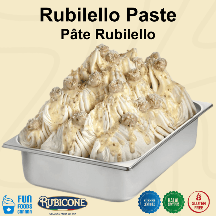 Rubilello gelato ice cream in a wide pan featuring Rubicone and Fun Foods Canada brand logos and dietary badges Kosher certified, Halal certified, and gluten-free. 
