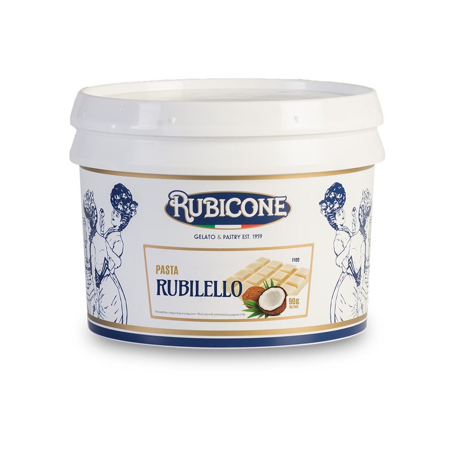 3 KG bucket of Rubicone Rubilello classic gelato paste on a white background - Canadian distribution of Rubicone gelato and pastry products