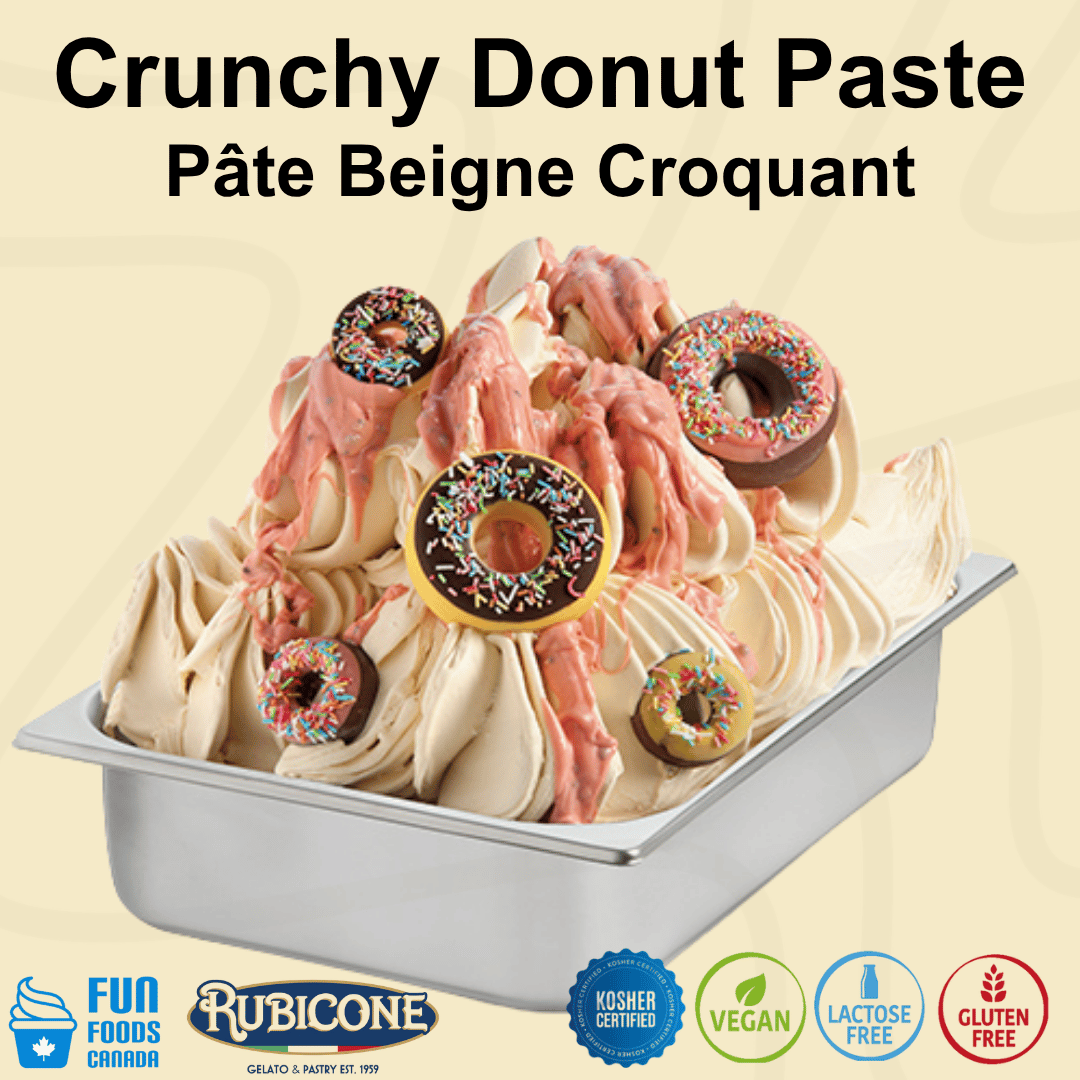 Crunchy donut gelato topped with donuts in a wide gelato pan on a light beige background with Fun Foods Canada and Rubicone brand logos and certification badges along the bottom reading Kosher, vegan, lactose-free and gluten-free