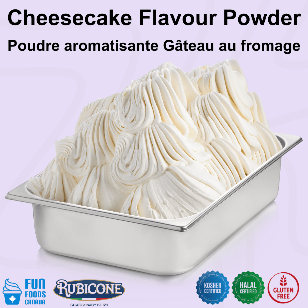 Rubicone Cheesecake Plus Flavour Powder for authentic Italian gelato, shown as smooth, creamy cheesecake gelato with a rich cream colour in a display pan. Available in Canada from Fun Foods Canada.