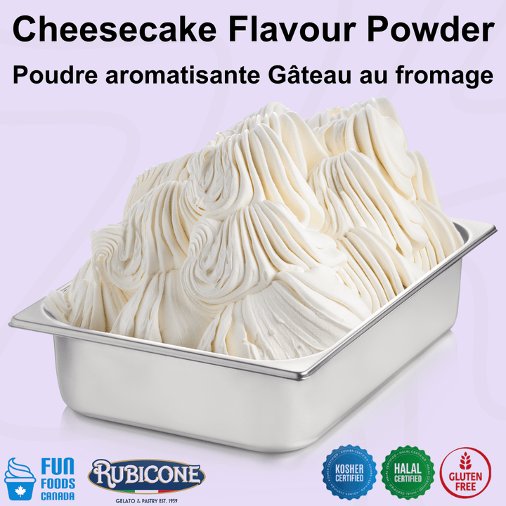 Rubicone Cheesecake Plus Flavour Powder for authentic Italian gelato, shown as smooth, creamy cheesecake gelato with a rich cream colour in a display pan. Available in Canada from Fun Foods Canada.