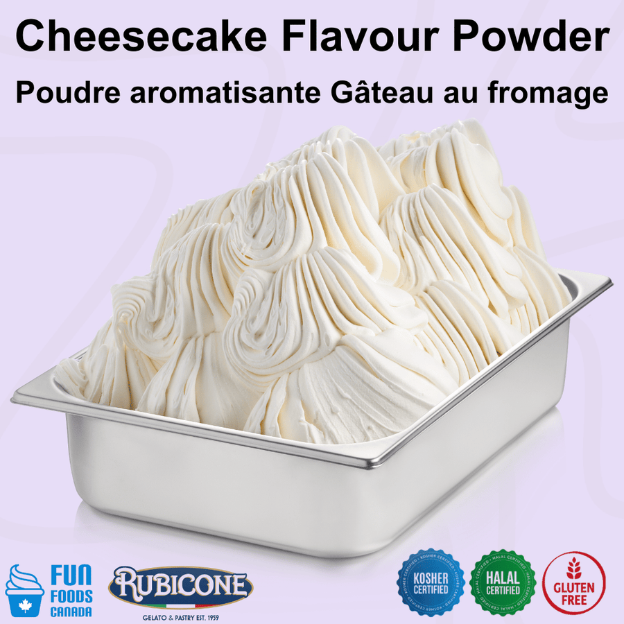 Rubicone Cheesecake Plus Flavour Powder for authentic Italian gelato, shown as smooth, creamy cheesecake gelato with a rich cream colour in a display pan. Available in Canada from Fun Foods Canada.
