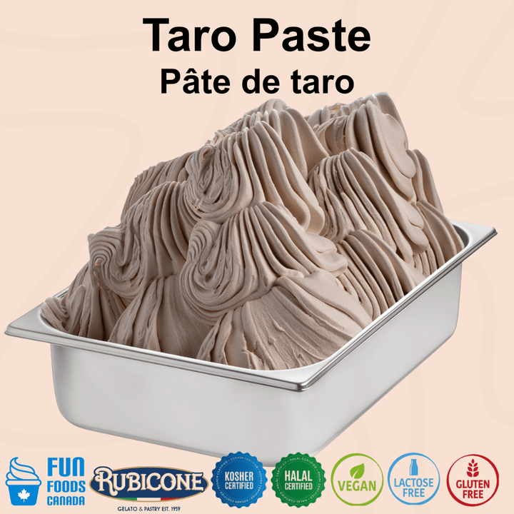 Rubicone Taro Paste for authentic Italian gelato, shown as smooth, creamy purple taro gelato in a display pan. 