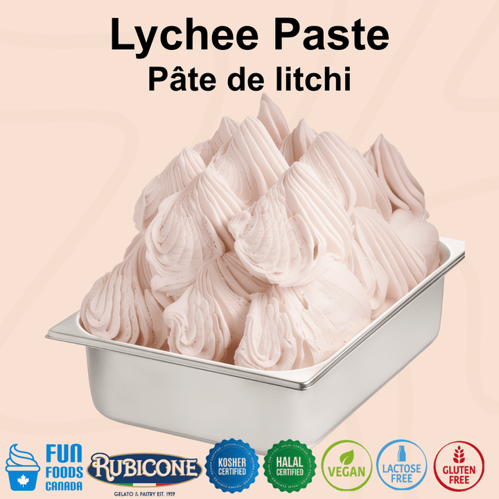 Rubicone Lychee Paste for authentic Italian gelato, shown as smooth, creamy lychee gelato in a display pan.