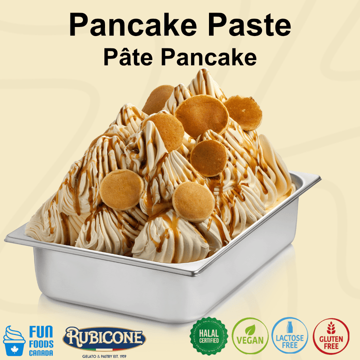 Pancake gelato ice cream in a wide stainless steel gelato pan with mini pancake pieces on a light beige background with logos including Fun Foods Canada, Rubicone, Halal Certified, Vegan, Lactose-free, and Gluten-free. 