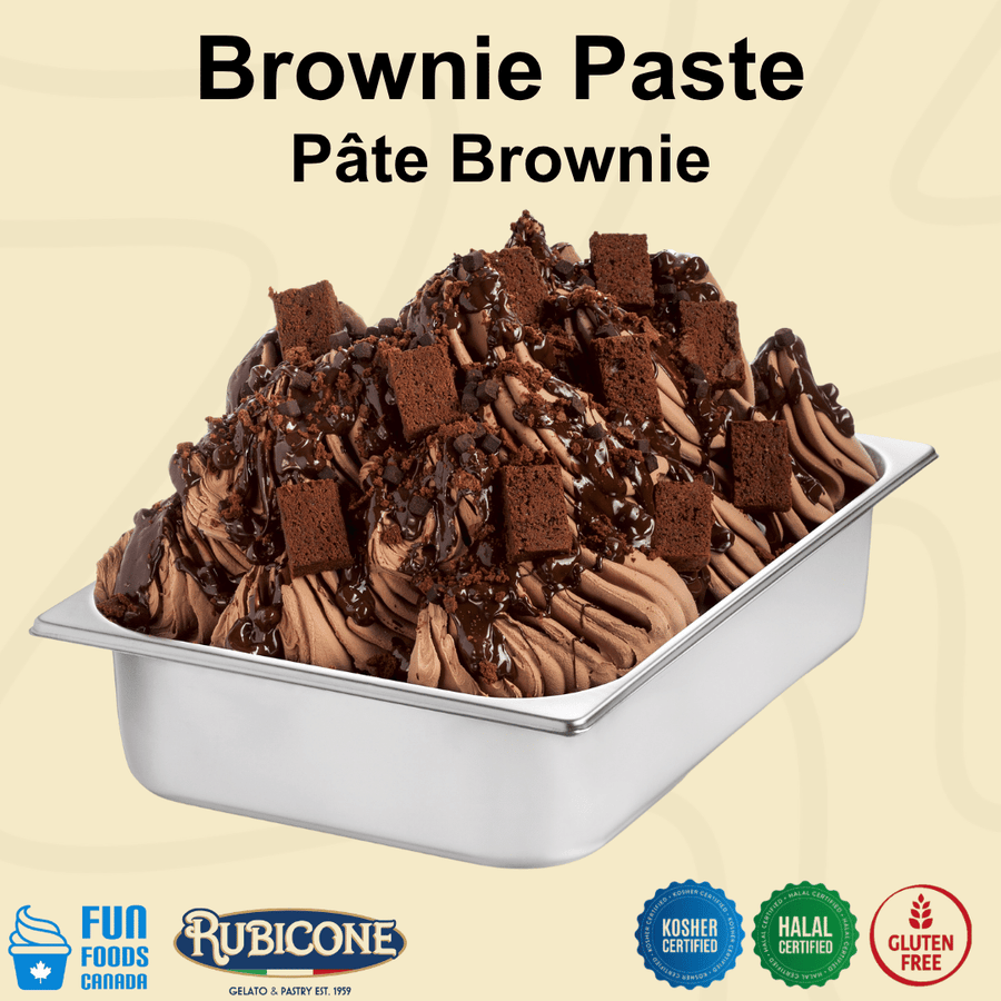 A metal tub filled with chocolate brownie ice cream gelato topped with chocolate sauce, chocolate chunks, and pieces of brownie, shown on a pale beige background with the text 'Brownie Paste Pâte Brownie' and Rubicone and Fun Foods Canada branding. Certification badges can also be seen at the bottom reading Kosher Certified, Halal Certified, and Gluten-free. 