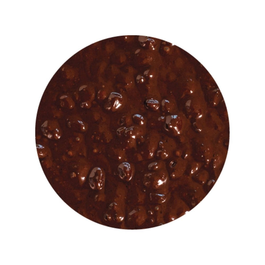 Texture image of Rubicone Brownies Variegate on a white background - Dark chocolate sauce with small pieces of brownies