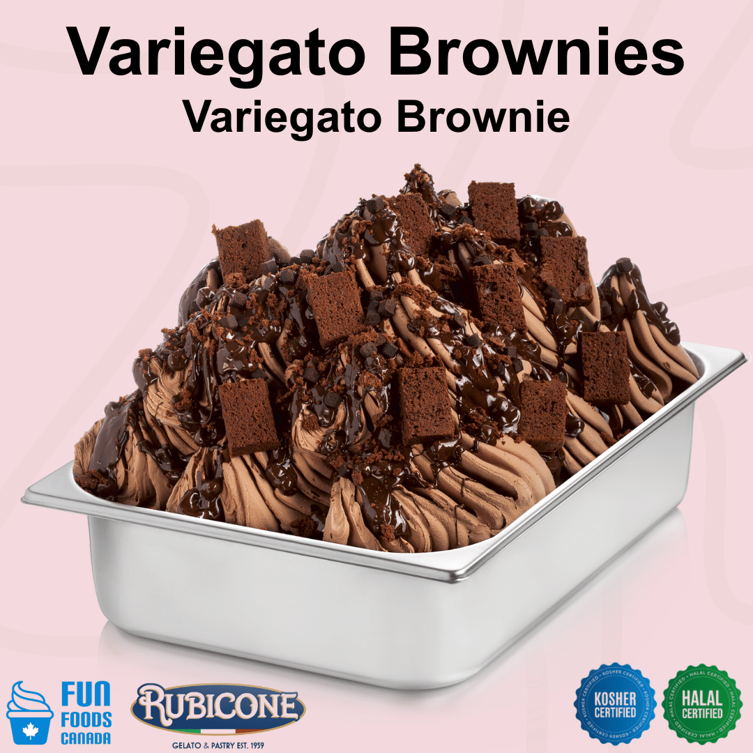 Rubicone Variegato Brownies gelato variegate featuring rich chocolate sauce with brownie pieces and chocolate chips. Ideal for gelato, ice cream, frozen yogurt and desserts. Kosher and Halal.