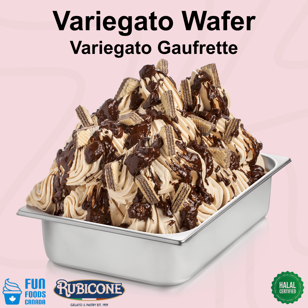 Rubicone Variegato Wafer gelato variegate featuring rich chocolate sauce with crunchy chocolate wafer pieces. Perfect for decorating and flavouring gelato, ice cream, frozen yogurt and desserts.