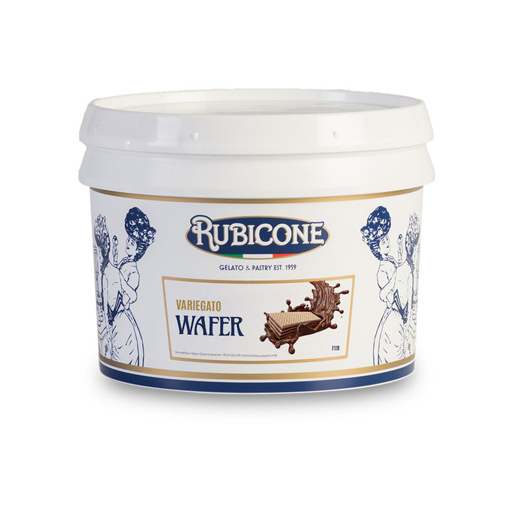3 KG bucket of wafer sundae dessert topping on a white background - variegato wafer - by rubicone canada