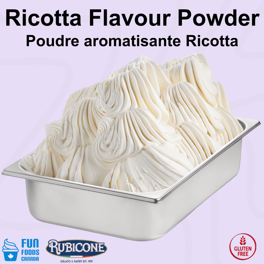 Rubicone Ricotta Plus Flavour Powder for authentic Italian gelato, shown as smooth, creamy ricotta gelato with a rich ivory colour in a display pan. Available in Canada from Fun Foods Canada.