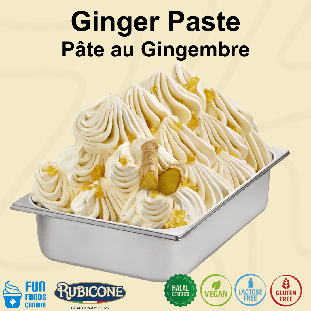 Ginger flavoured gelato in a wide gelato pan garnished with a piece of ginger root. With Fun Foods Canada and Rubicone brand logos and certification badges reading Halal certified, vegan, lactose-free, and gluten-free