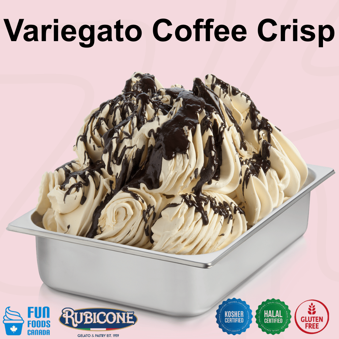 Rubicone Variegato Coffee Crisp gelato variegate featuring rich chocolate sauce with crunchy coffee meringue pieces. Ideal for gelato, ice cream, frozen yogurt and desserts. Kosher, Halal and gluten free.