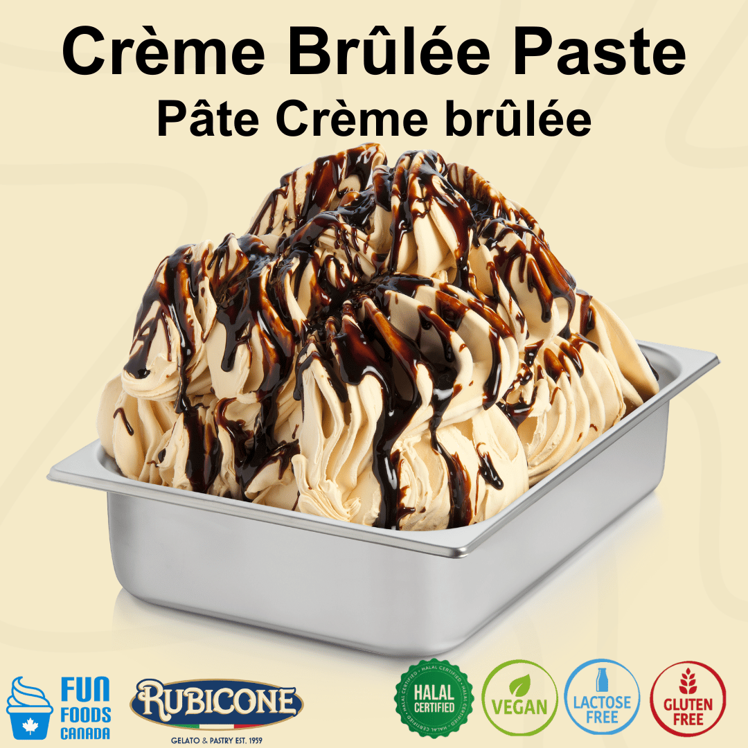 Rubicone Crème Brûlée Paste for authentic Italian gelato, shown as rich, creamy crème brûlée gelato finished with a caramelized sauce in a display pan.