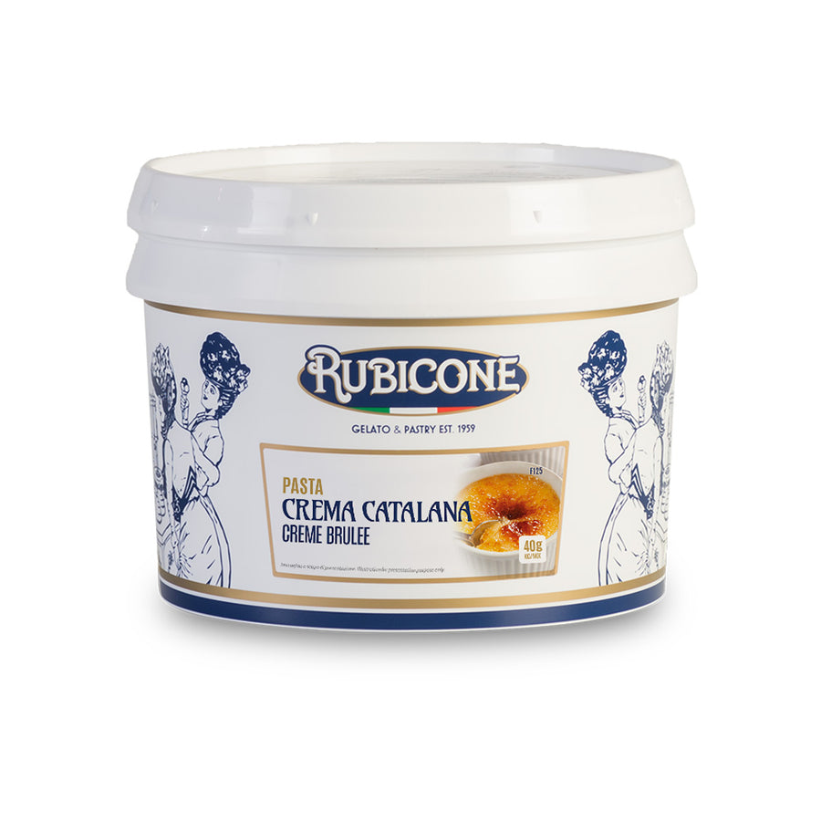 3 KG bucket of Rubicone Creme Brulee Classic Gelato Paste on a white background